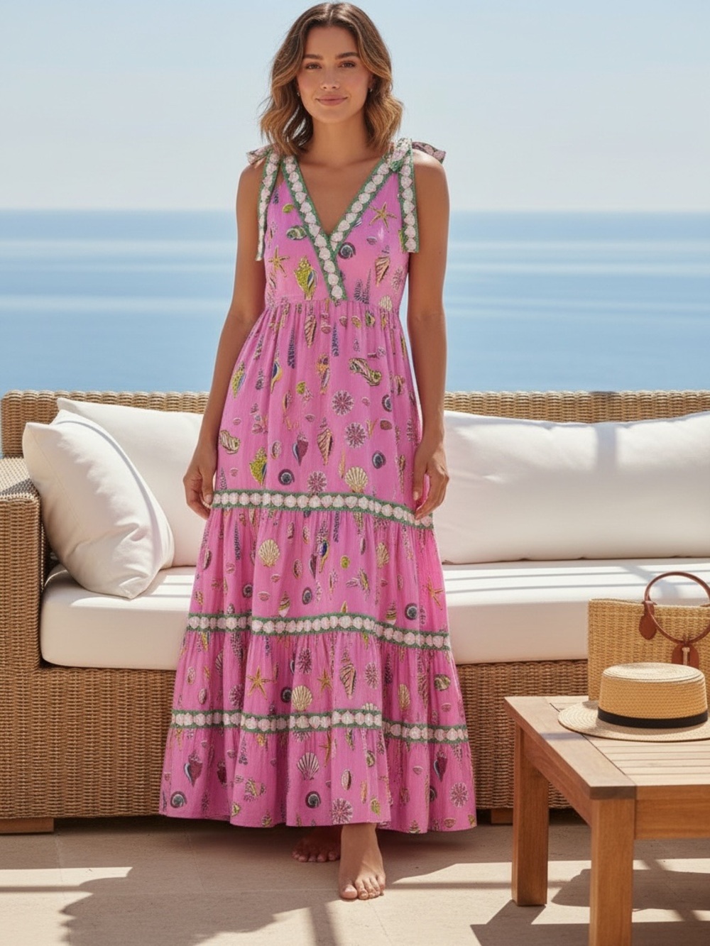 NWT Printfresh Pink Seashell Print Tiered Maxi Dress size S